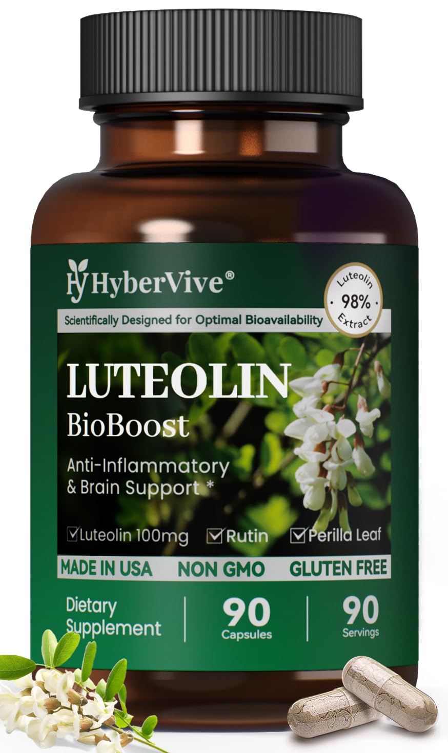 HyberVive Luteolin 200mg bottle label with Rutin and Perilla leaf