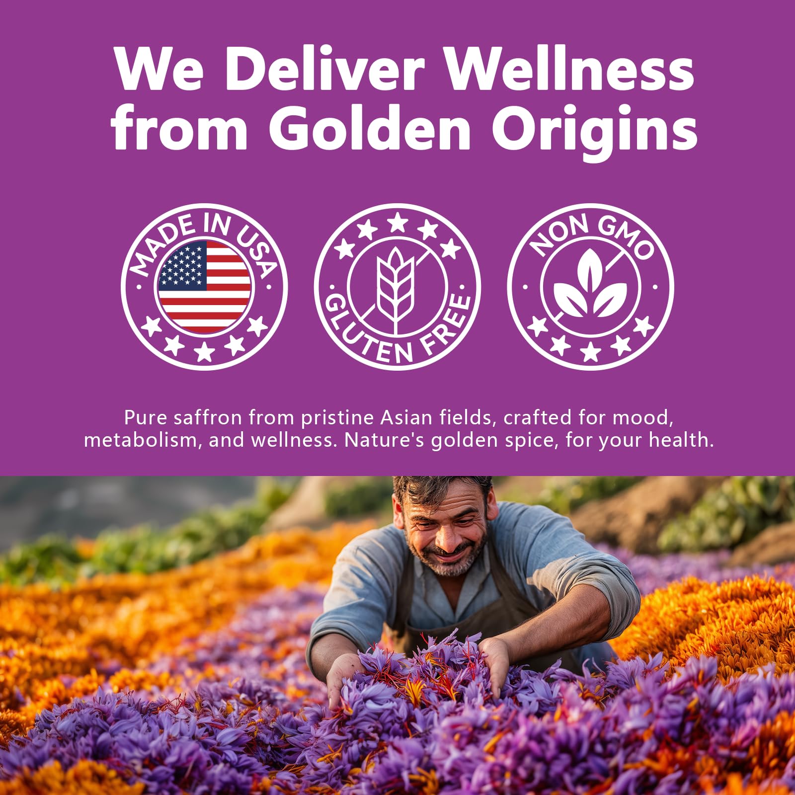 USA-made saffron supplement packaging with non-GMO and gluten-free badges