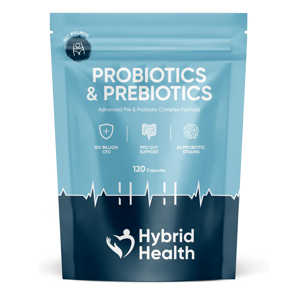 Front view of Hybrid Health Probiotics & Prebiotics Complex bottle with 120 vegan capsules