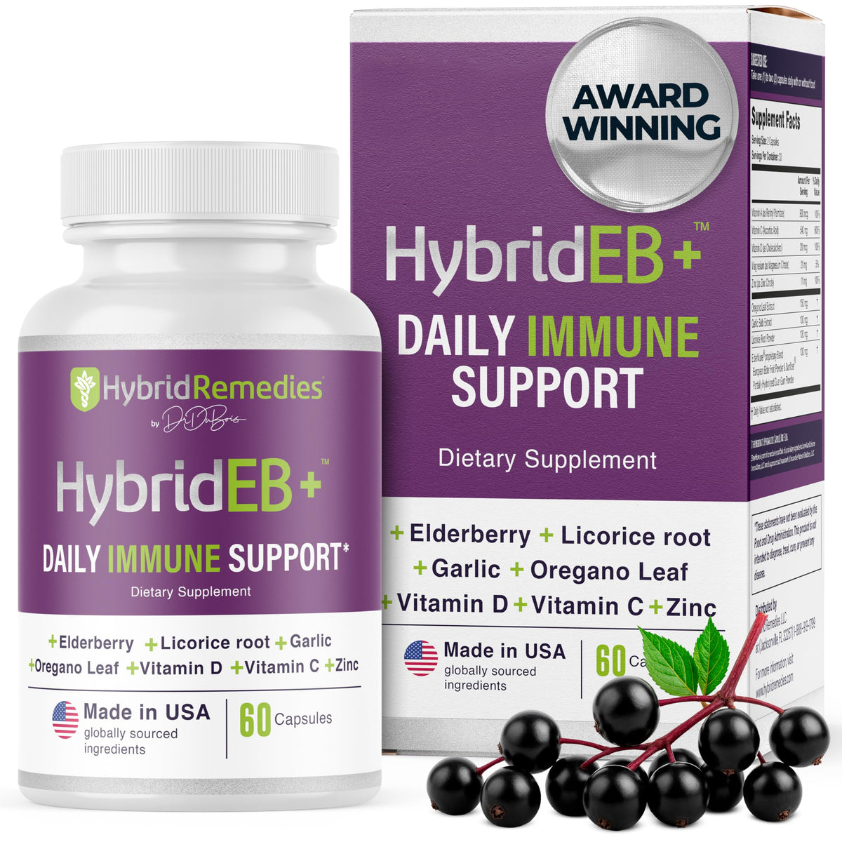 Front view of HybridEB Elderberry Immune Support bottle