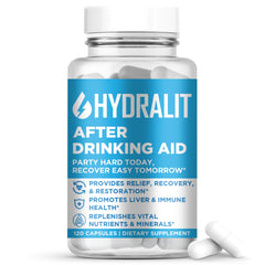 Hydralit After Drinking Aid bottle front supports a quicker morning refresh