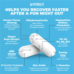 Hydralit After Drinking Aid bottle with glass ready for post-night-out hydration