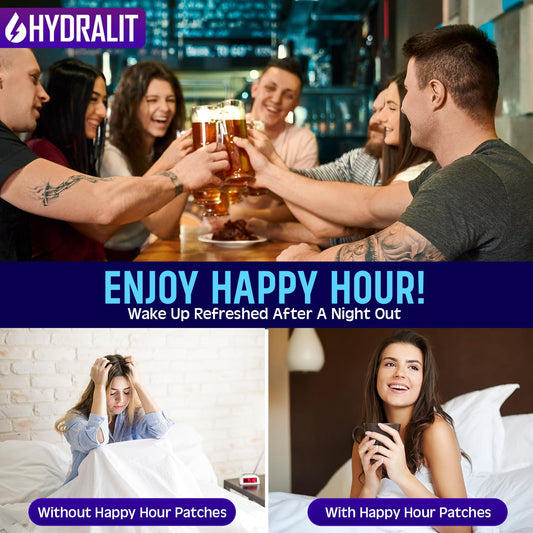 Hydralit Happy Hour packaging box shows portable, travel-friendly design.