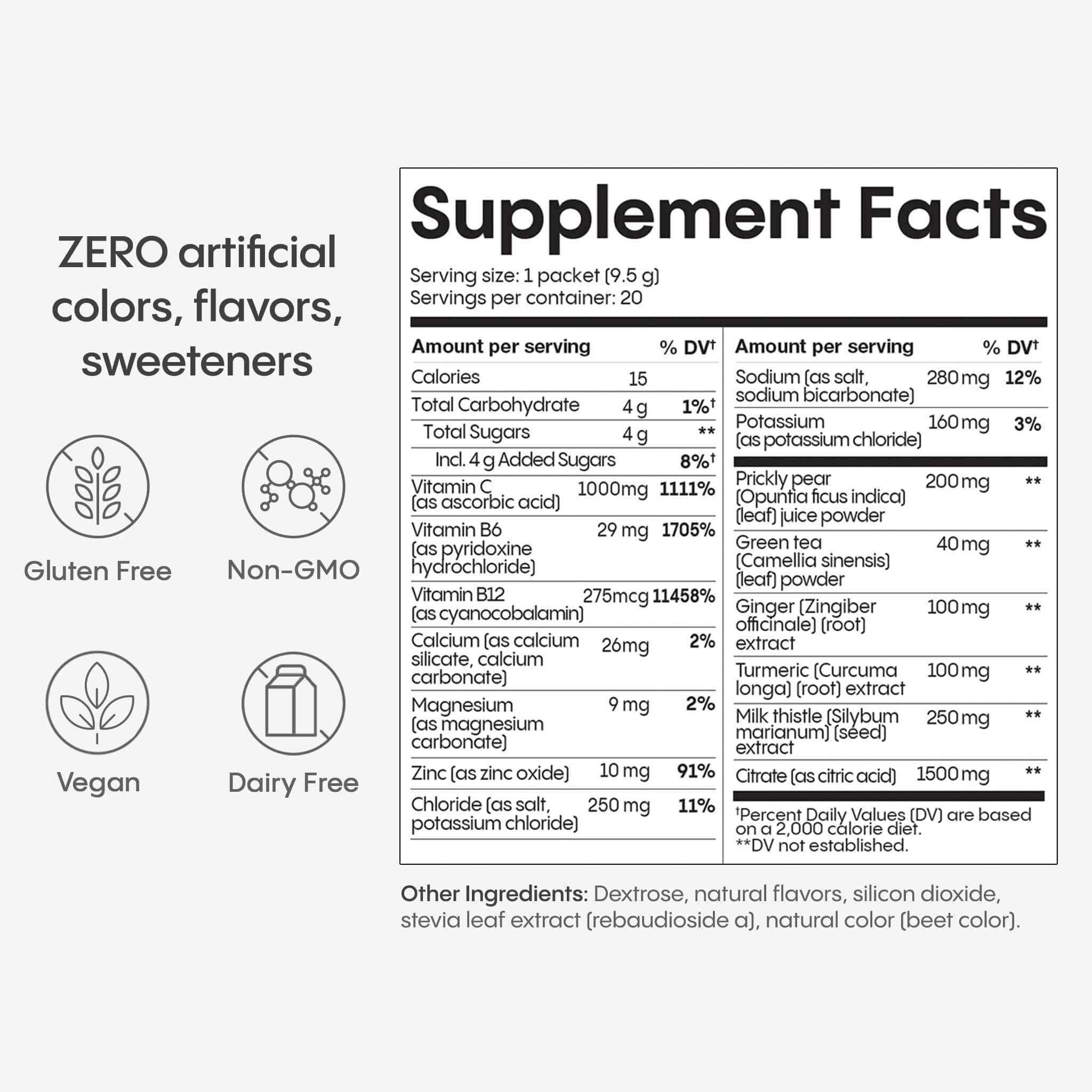 Close-up of Hydralyte Liver Support electrolyte mix bottle showing ingredients