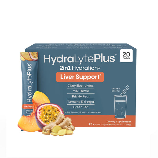 Hydralyte Liver Support + Electrolyte Mix Peach Passion Ginger flavor – front packaging