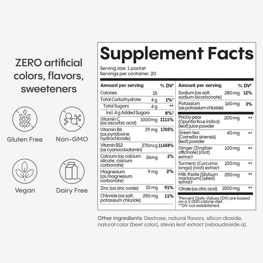 Close-up of Hydralyte Liver Support ingredients like milk thistle and prickly pear on label