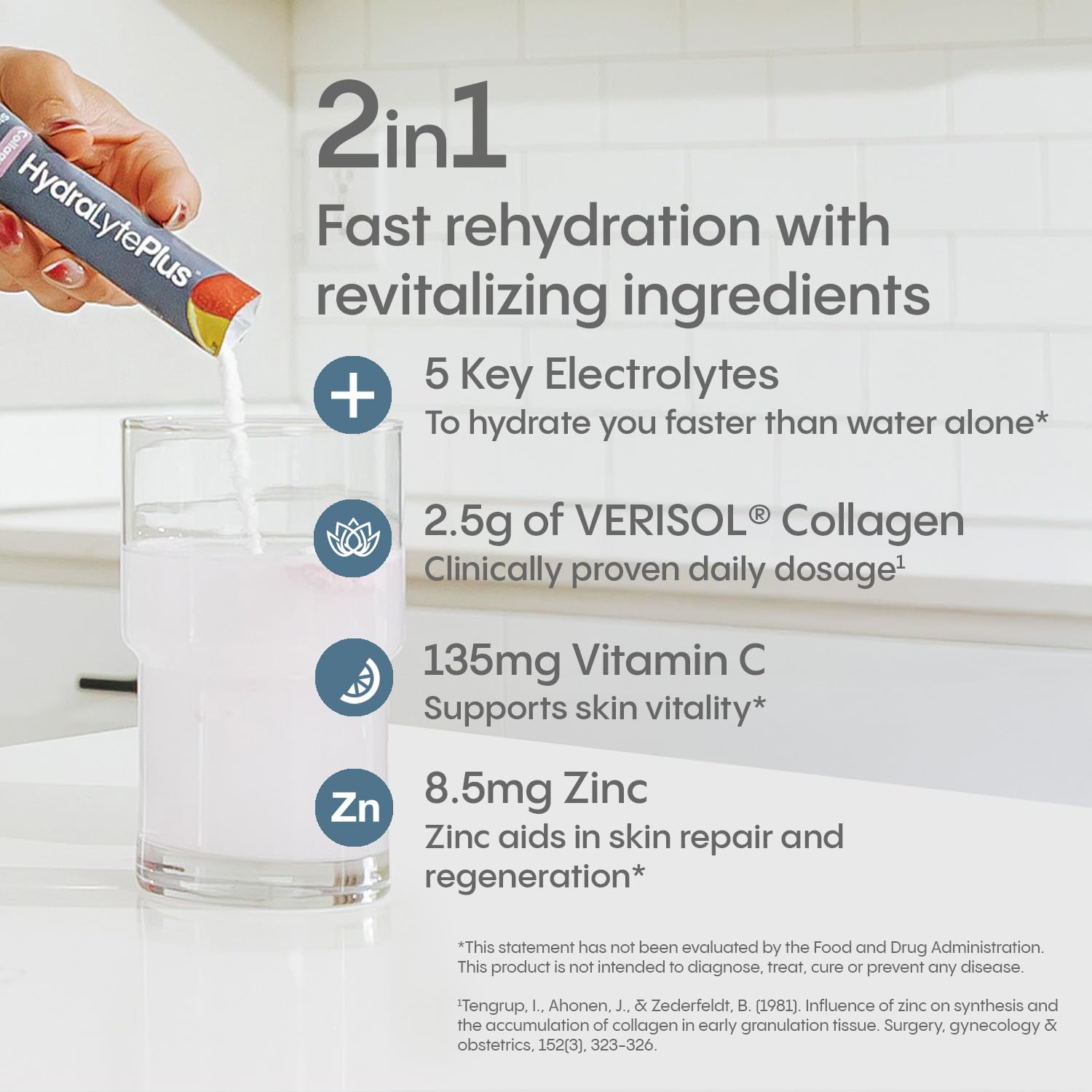 Close-up of electrolyte-infused hydration powder being poured into a glass