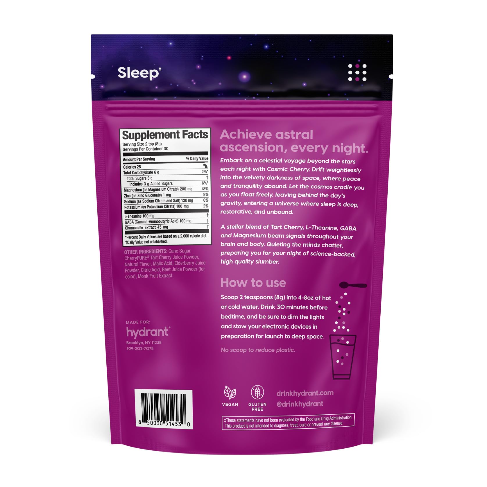Hydrant Sleep Aid Powder on a kitchen countertop with hydration imagery
