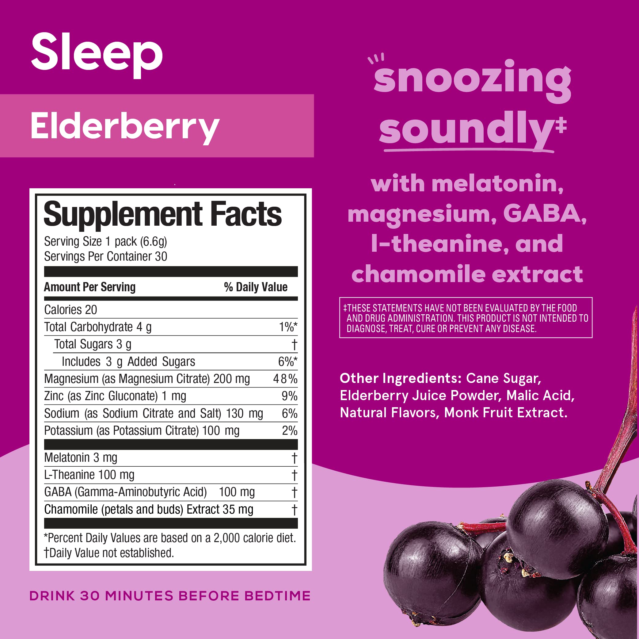 Hydrant Sleep Electrolyte Powder – Elderberry flavor stick pack back label