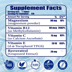 Hydrogen water tablets highlighting magnesium and antioxidants (Vitamin B12, C, E, Resveratrol).