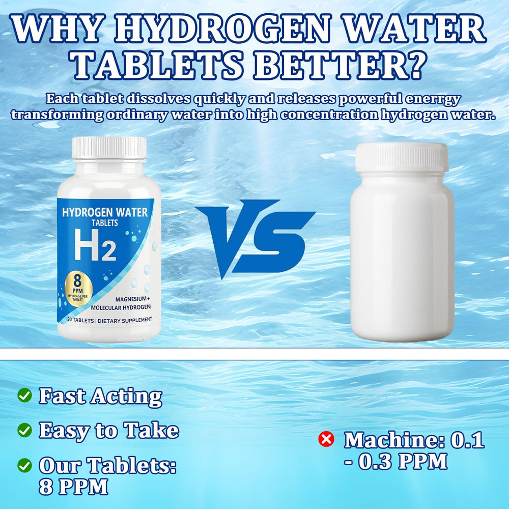 Hydrogen Water Tablets packaging highlighting GMO-free, gluten-free and soy-free