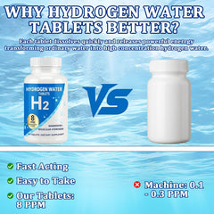 Hydrogen Water Tablets packaging highlighting GMO-free, gluten-free and soy-free