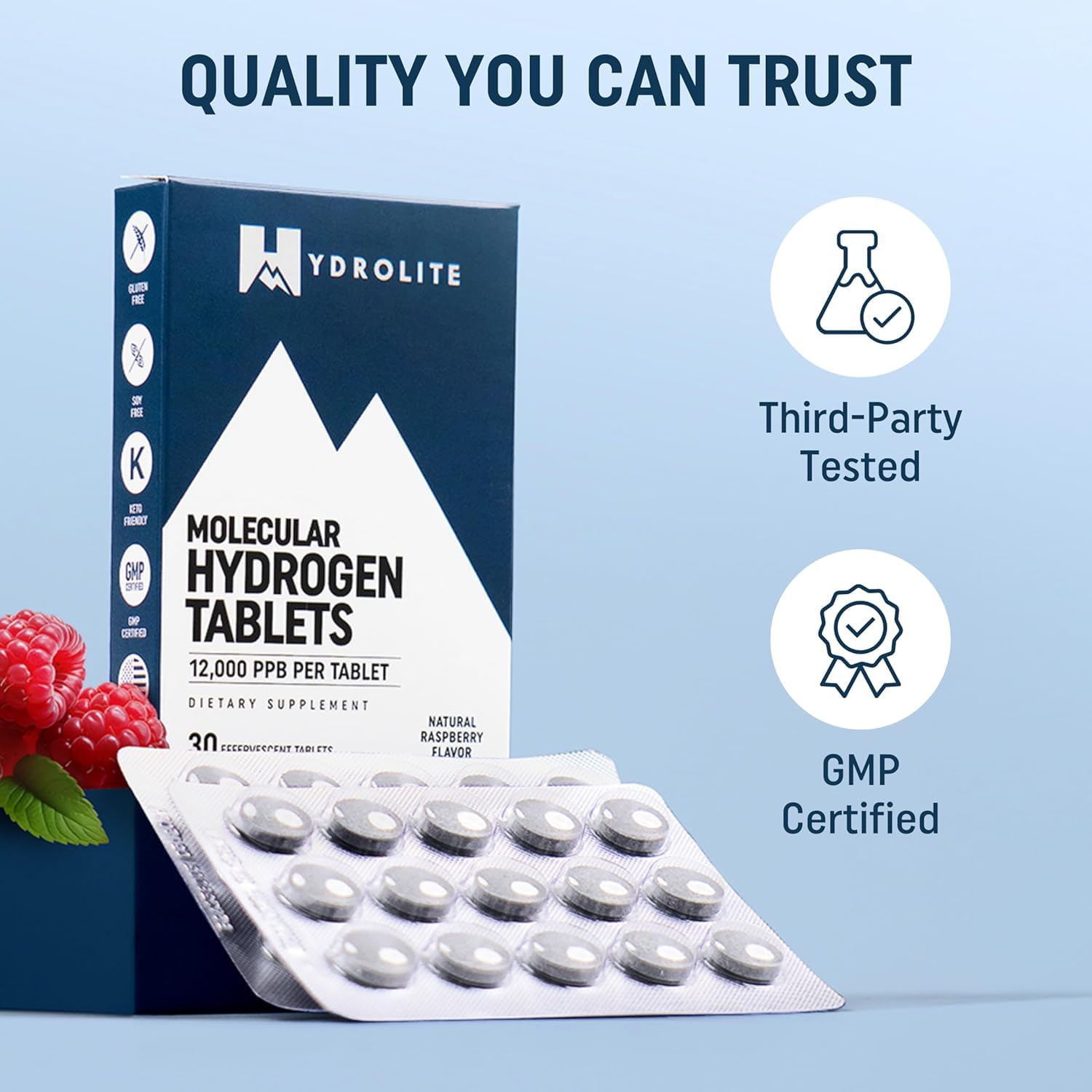 HydroLite Raspberry Hydrogen tablets packaging