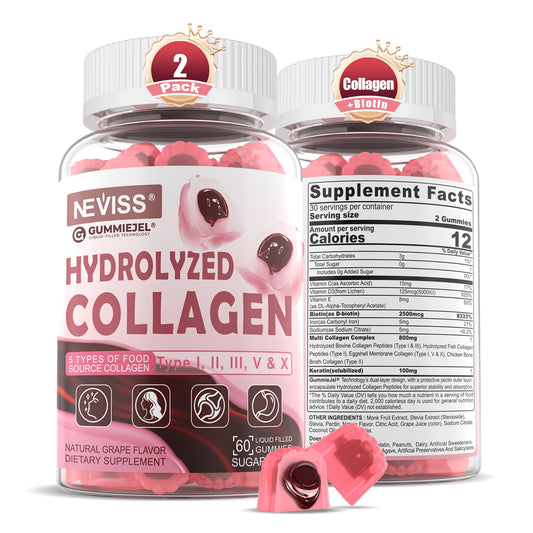 Bottle of hydrolyzed multi-type collagen gummies showing Types I, II, III, V and X