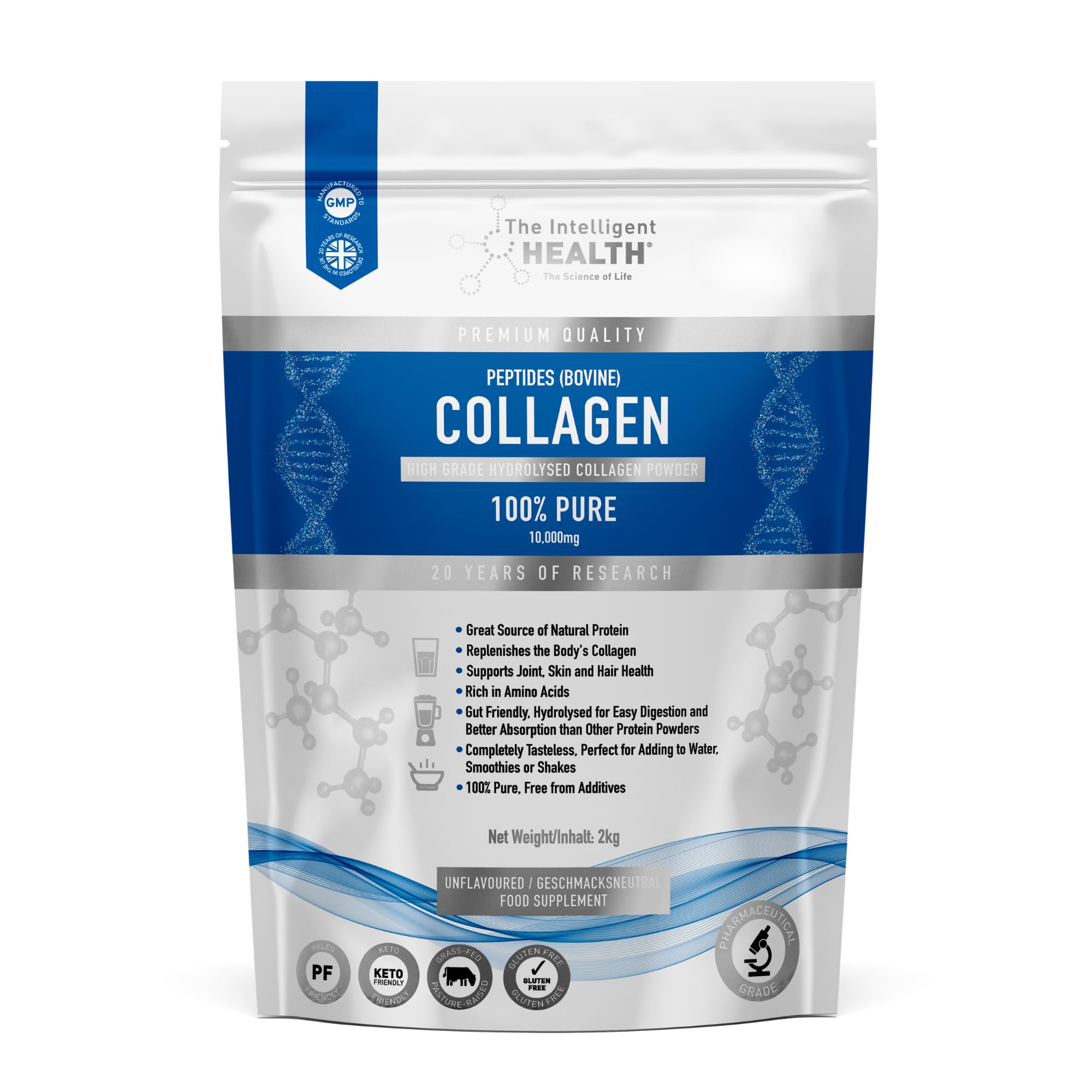 Hydrolyzed collagen powder from grass-fed cows in a bag.