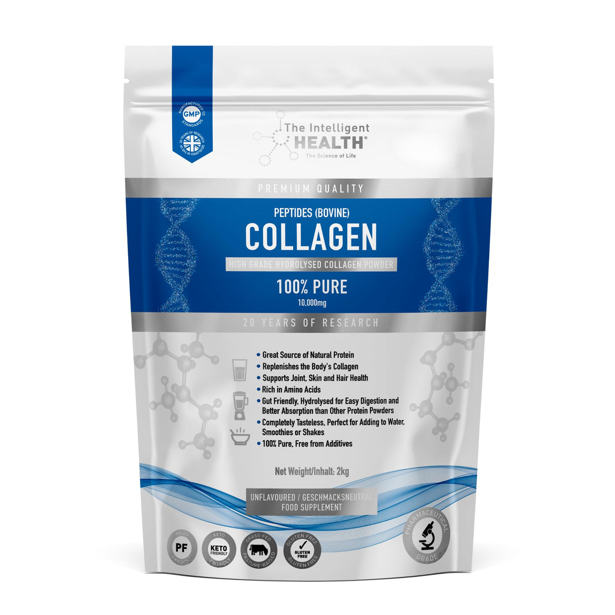 Hydrolyzed collagen powder from grass-fed cows in a bag.