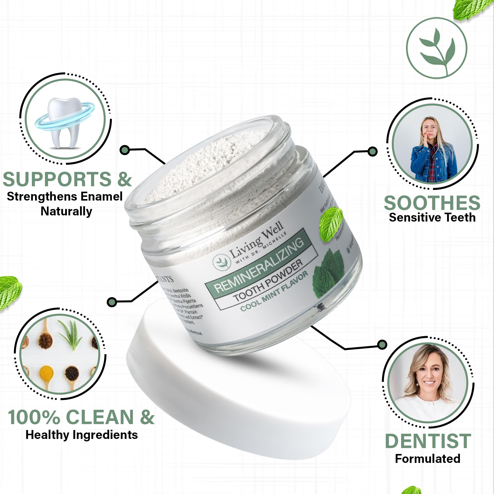 Hydroxyapatite enamel-strength tooth powder close-up