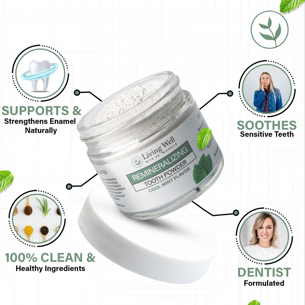 Hydroxyapatite enamel-strength tooth powder close-up