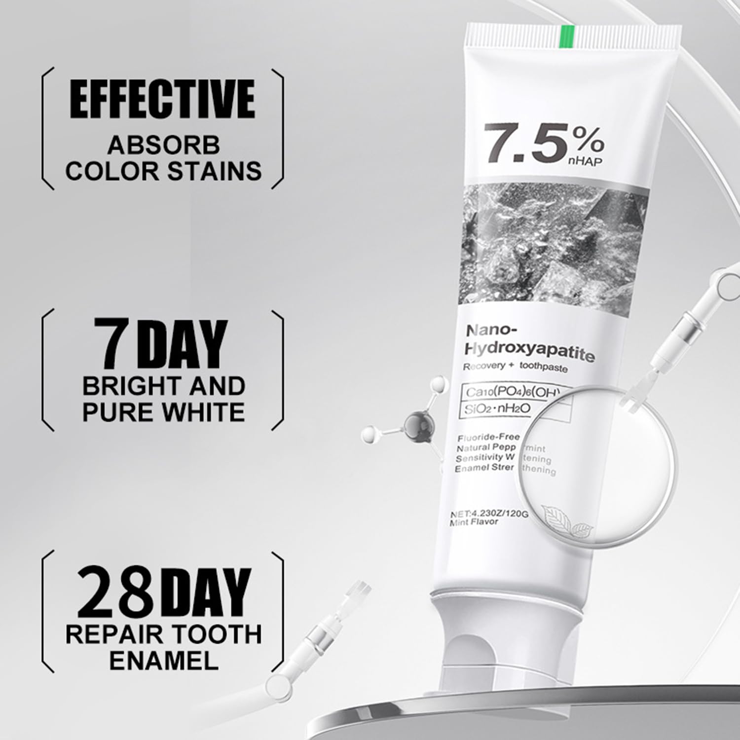 Toothbrush applying hydroxyapatite toothpaste for gentle cleaning