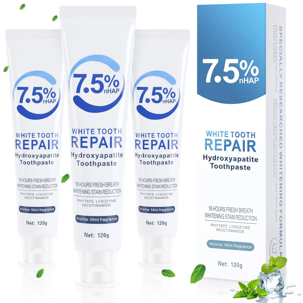 Hydroxyapatite toothpaste 3-pack packaging on white