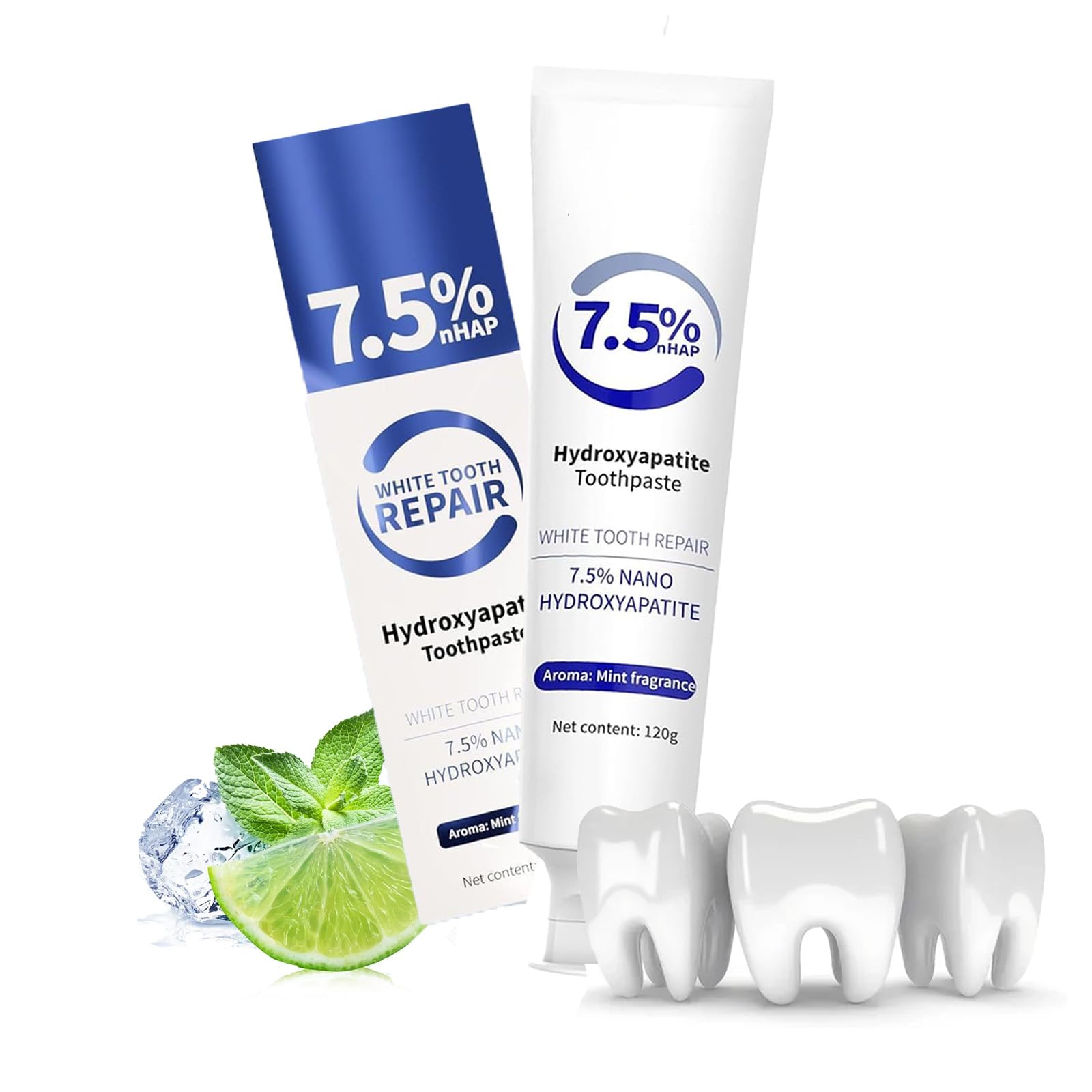 Front view of 4.23oz white hydroxyapatite toothpaste tube