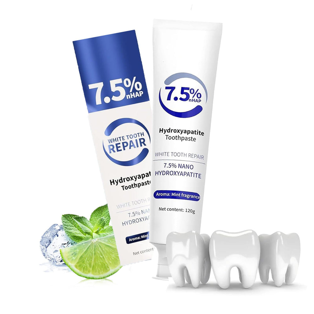 Front view of 4.23oz white hydroxyapatite toothpaste tube
