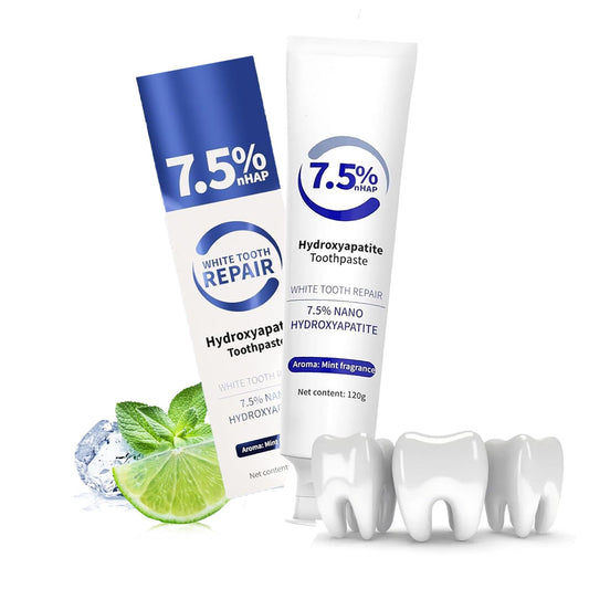 Front view of 4.23oz white hydroxyapatite toothpaste tube