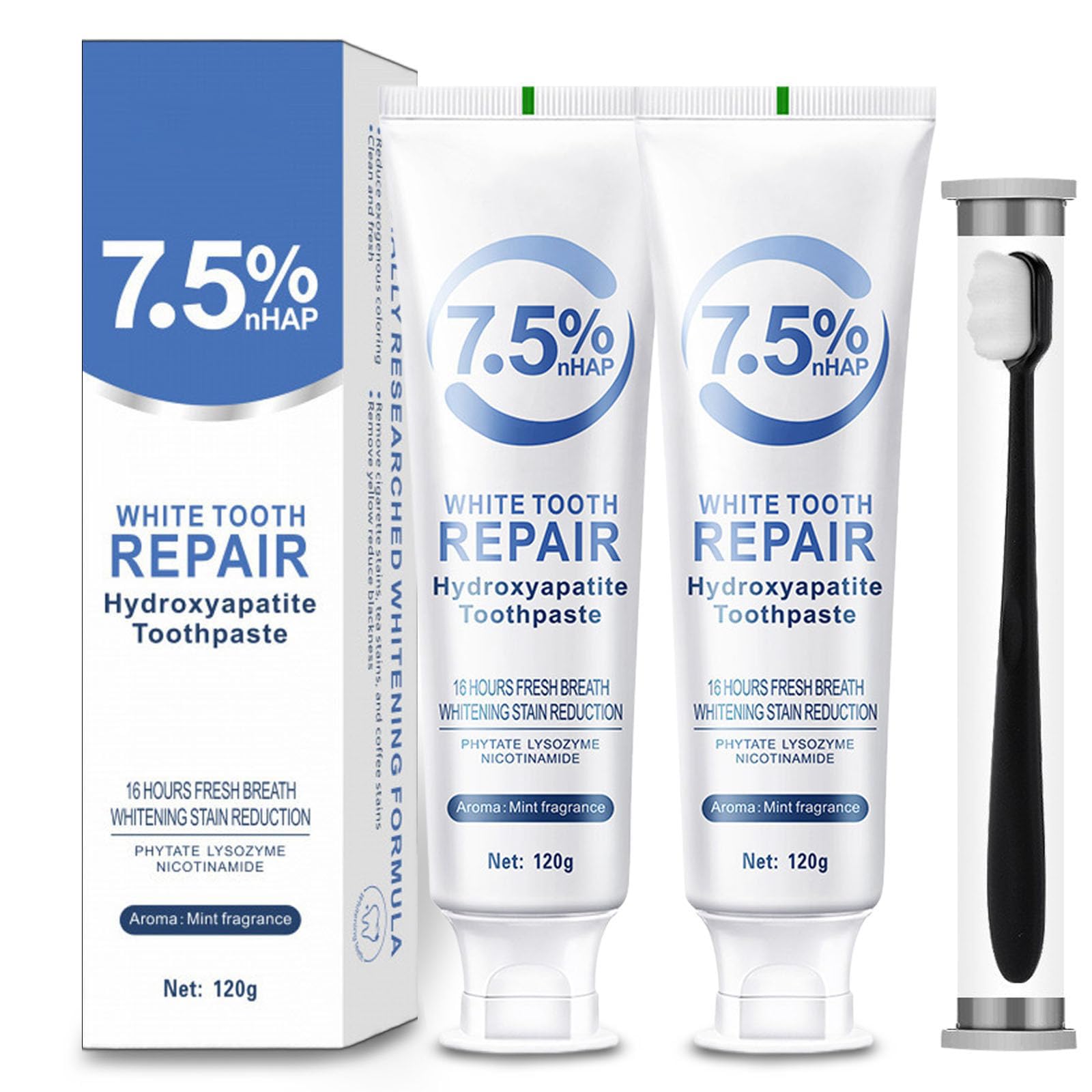 Hydroxyapatite toothpaste tube displaying 7.5% formula