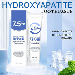 Close-up of hydroxyapatite toothpaste tube with 7-5 percent formula