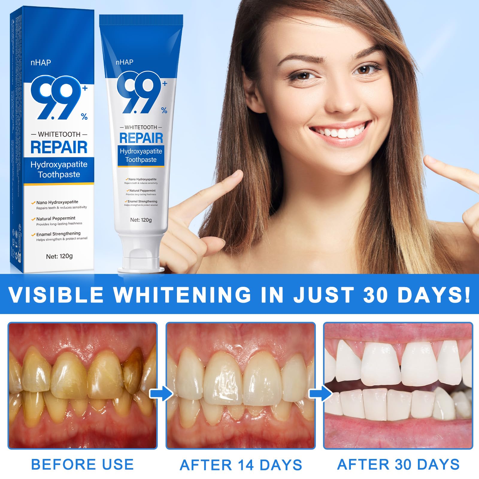 Close-up of toothpaste tube showing enamel protection ingredients