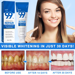 Close-up of toothpaste tube showing enamel protection ingredients