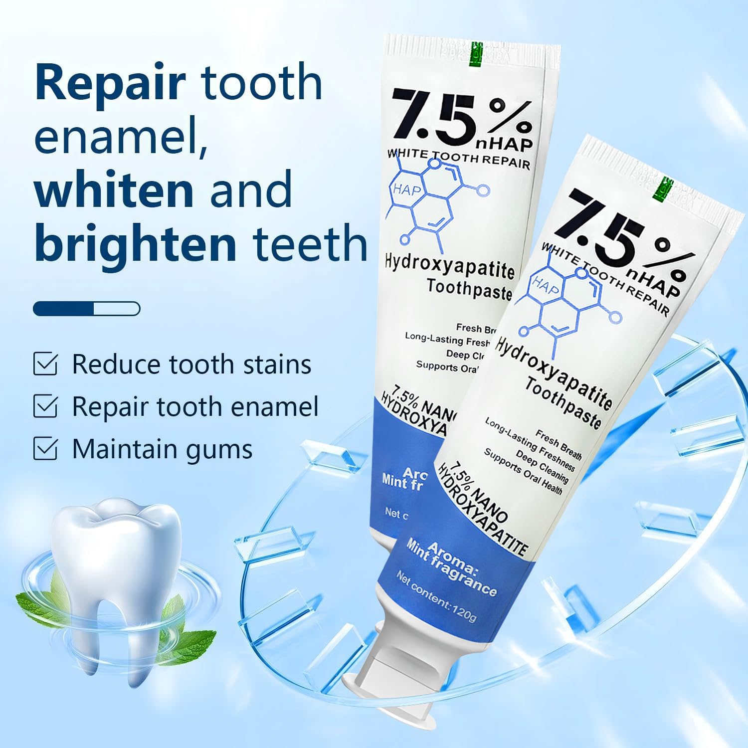 Hydroxyapatite toothpaste packaging highlighting enamel protection