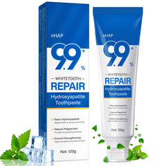 Tube of hydroxyapatite toothpaste with fresh mint flavor