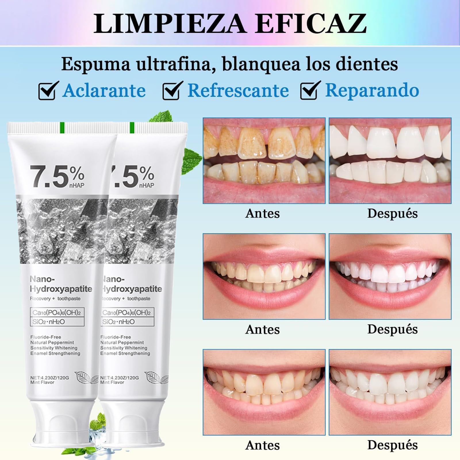 Toothpaste displaying whitening via nano hydroxyapatite