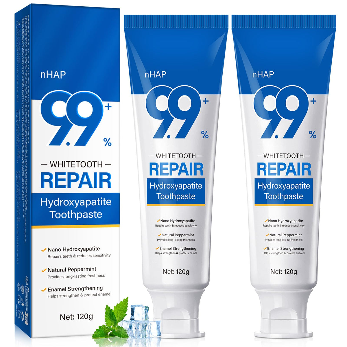Front view of 9.9% Hydroxyapatite Toothpaste tube