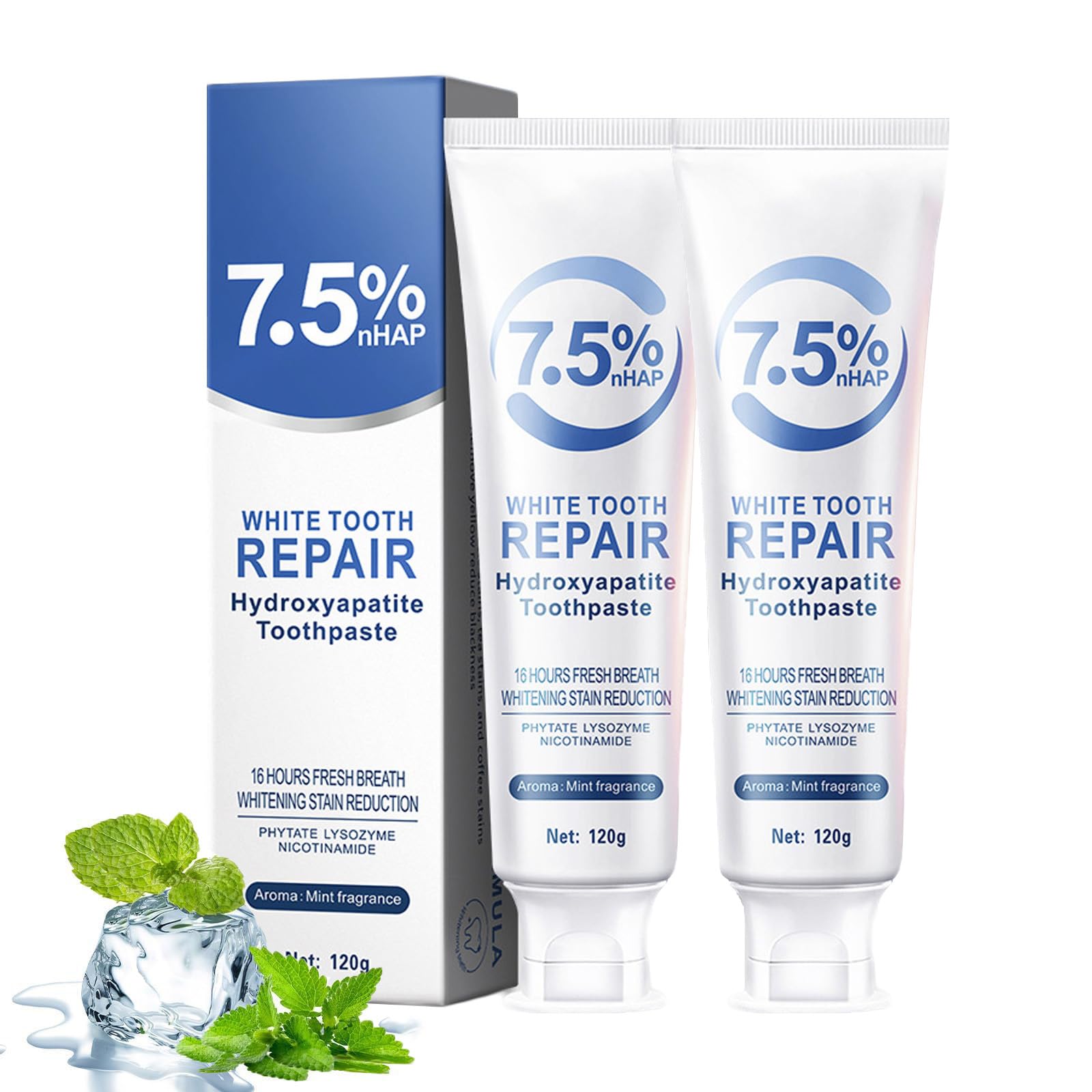 Box and two tubes of 2-pack hydroxyapatite toothpaste