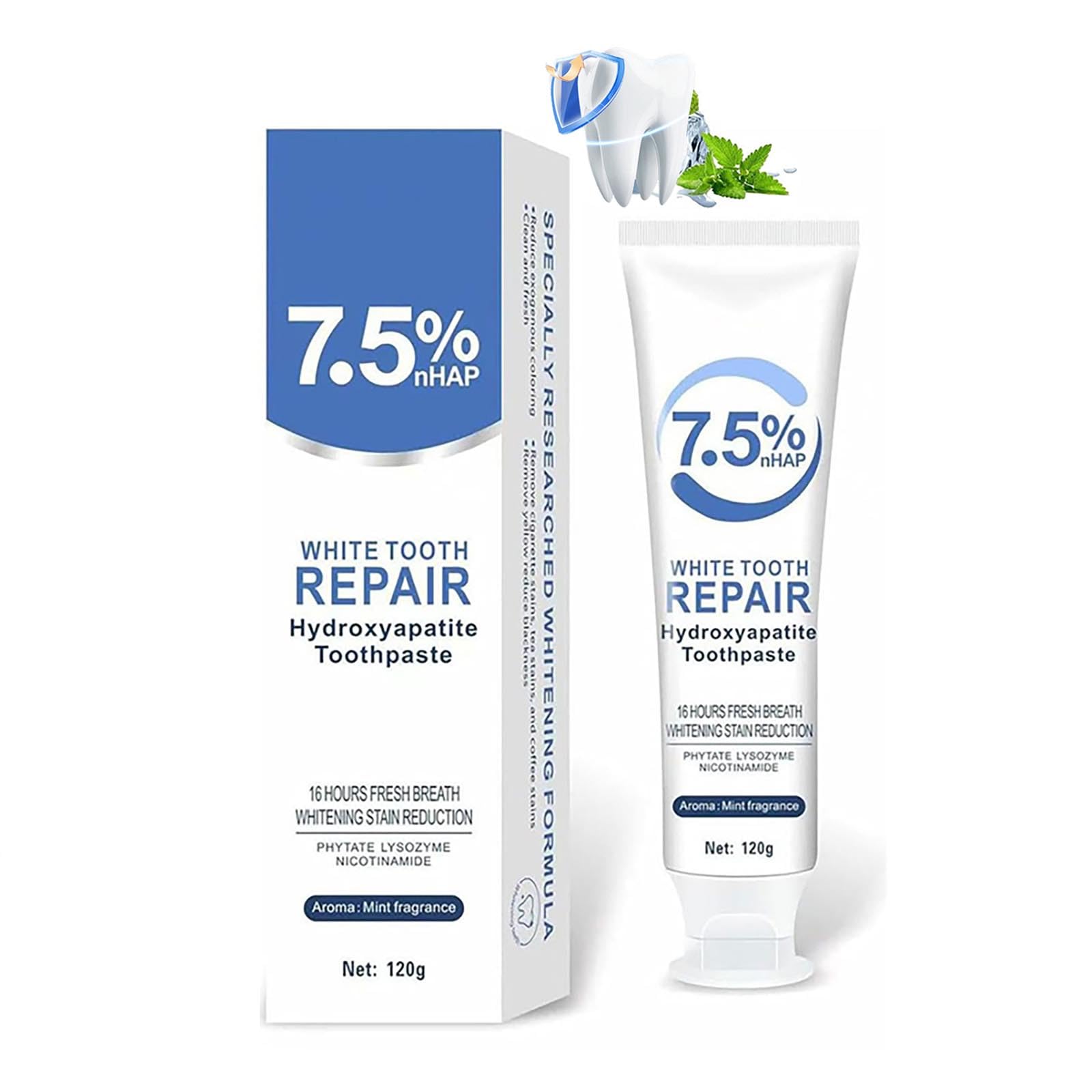 Hydroxyapatite toothpaste tube with mint flavor and 7.5% nHAP formula
