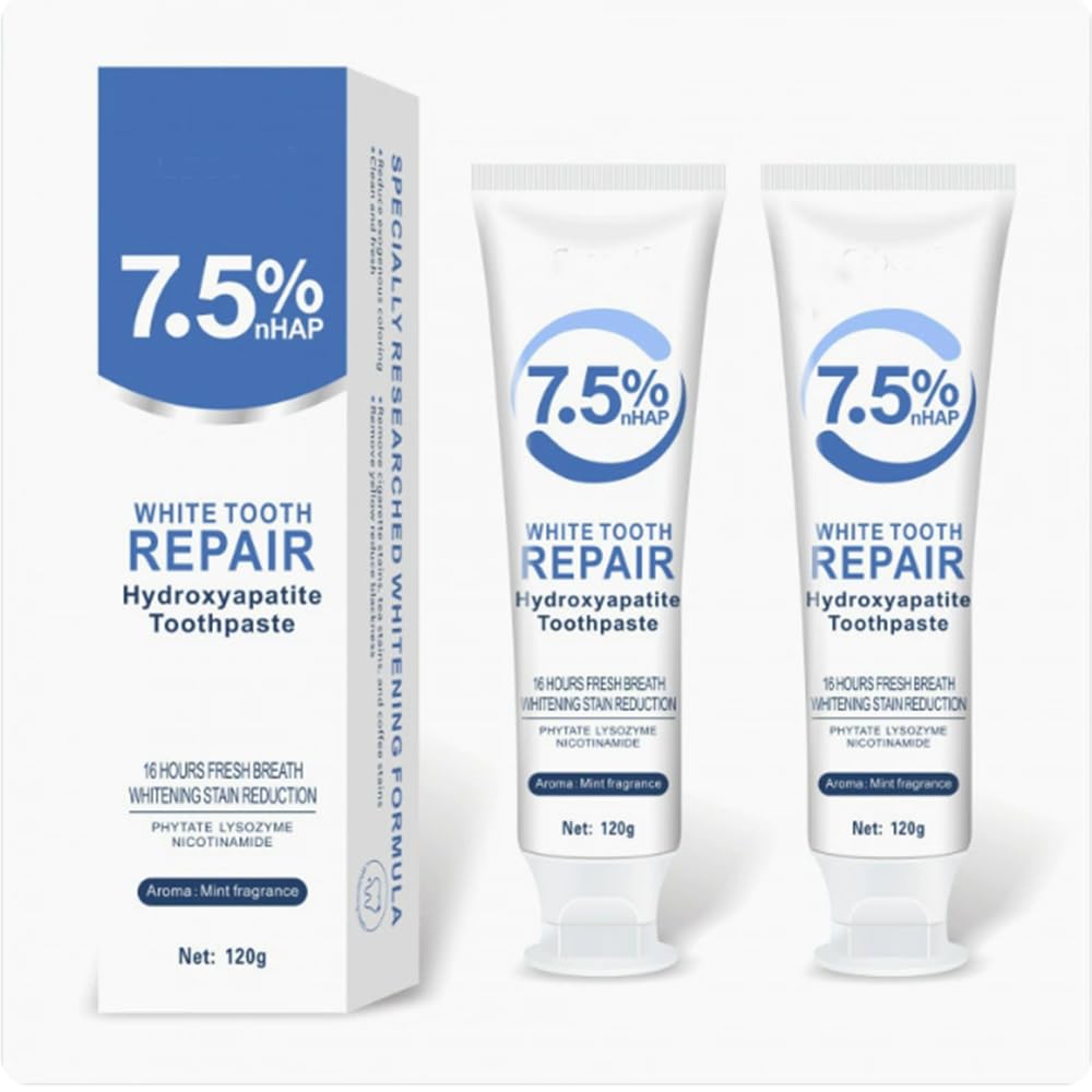 Front packaging of hydroxyapatite toothpaste with 7.5% enamel protection