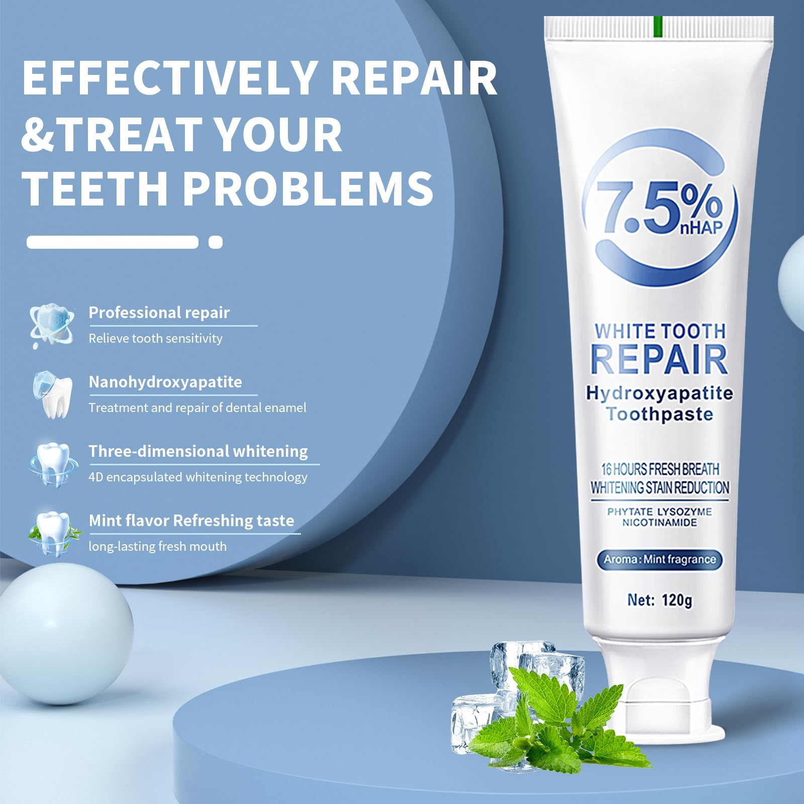 Close-up of hydroxyapatite toothpaste tube for enamel protection