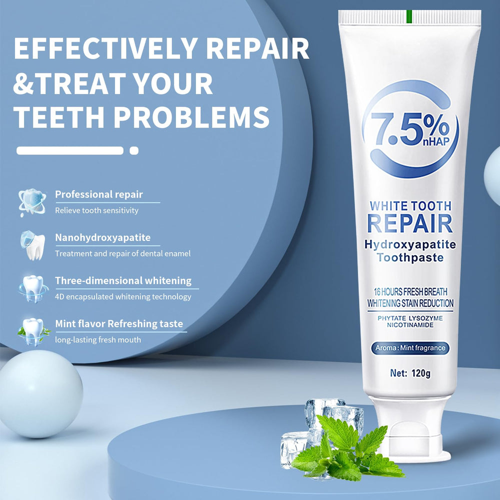 Close-up of hydroxyapatite toothpaste tube for enamel protection