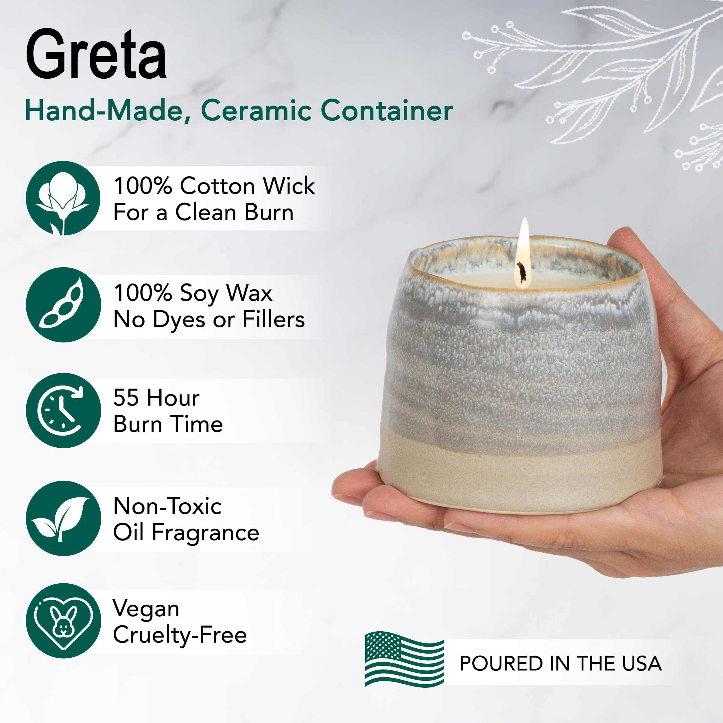Hyggelight Greta close-up of smooth soy wax and cotton wick, highlights clean burn