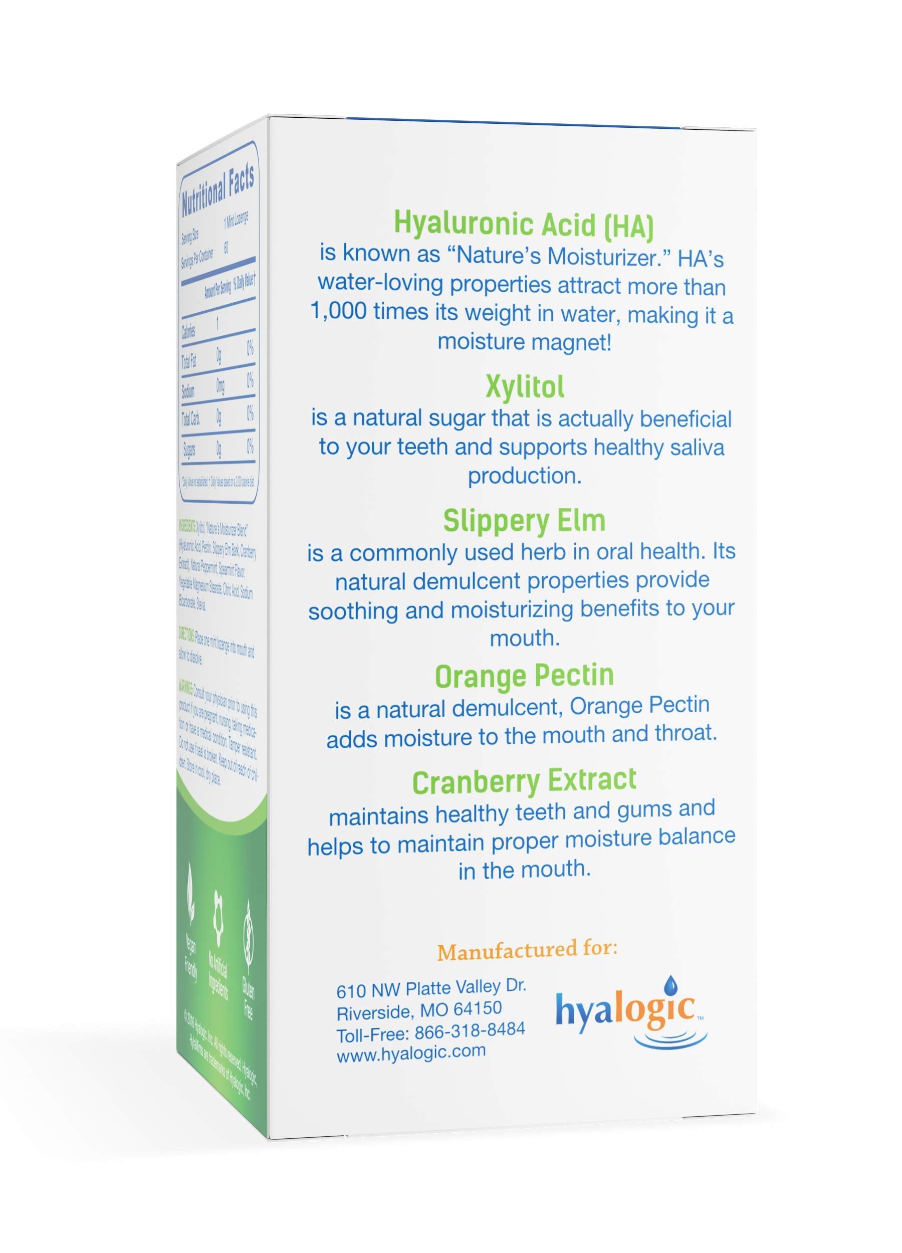 Illustration of HylaMints ingredients: Hyaluronic Acid, Cranberry Extract, Xylitol, Slippery Elm, Orange Pectin
