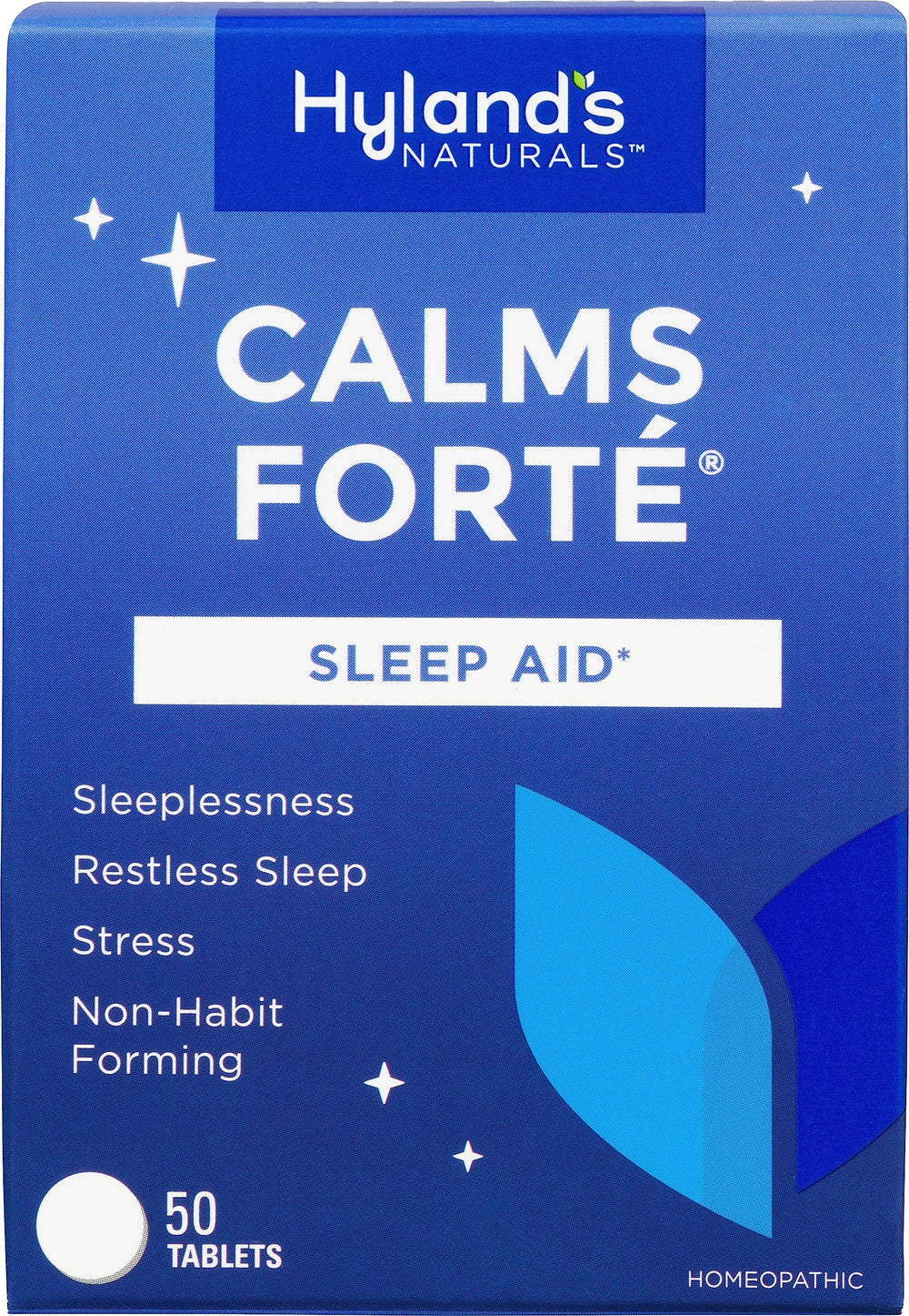 Hyland's Calms Forte packaging shows natural sleep support during stress