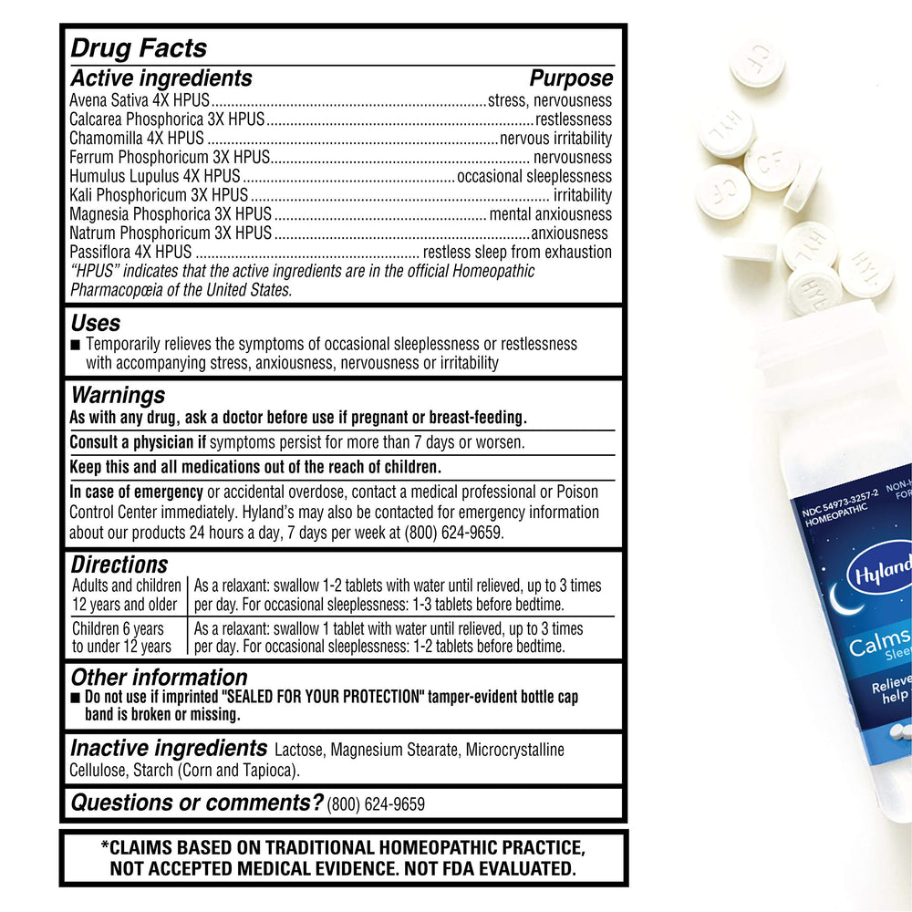 Hyland's Calms Forte tablets beside nightstand for soothing nightly routine.