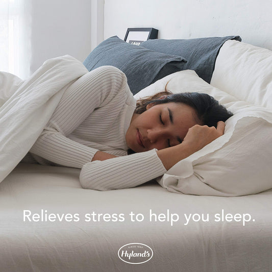 Hyland's Calms Forte bottle label close-up emphasizes natural active ingredients for gentle relief.