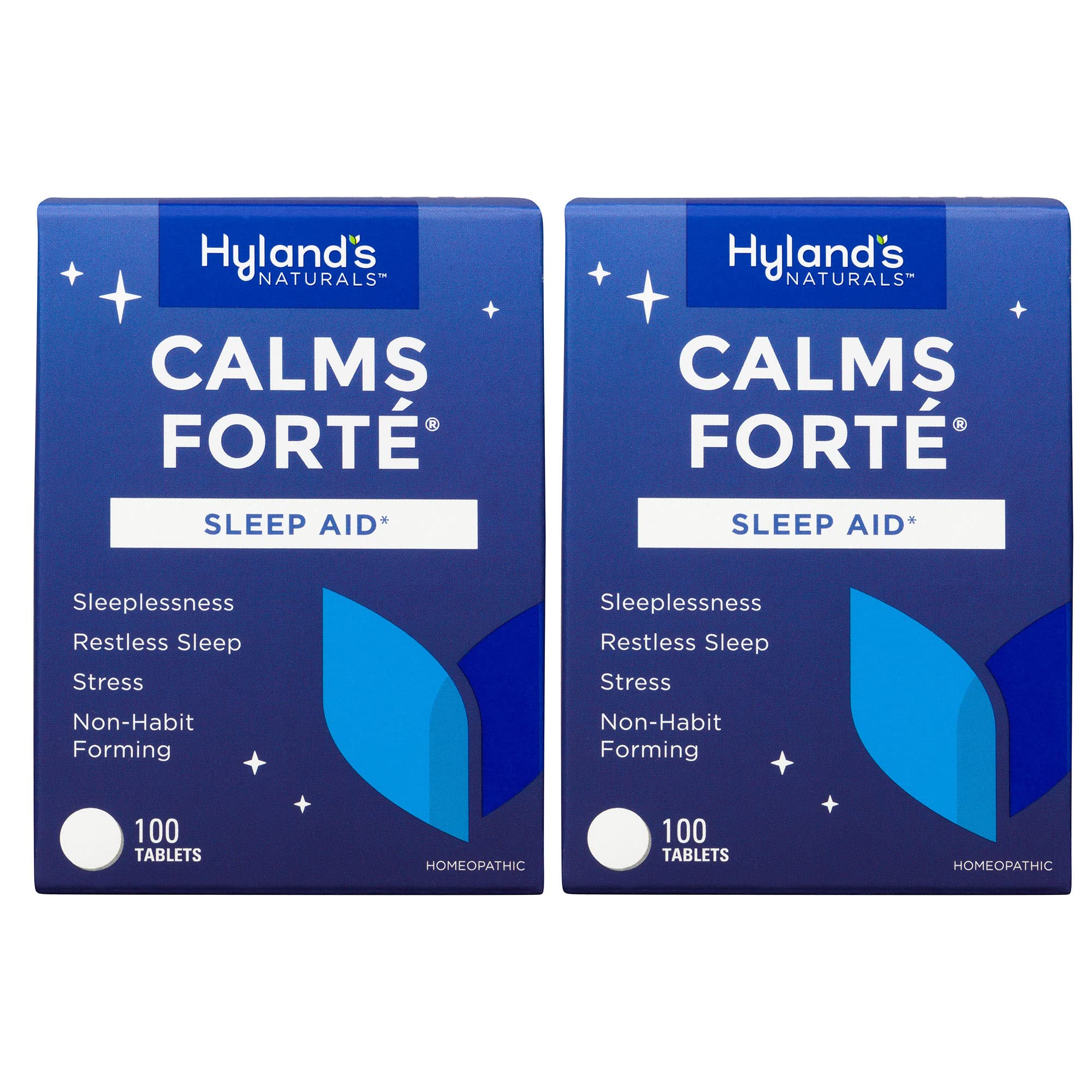 Hyland's Calms Forte bottle front shows natural sleep support and nervous tension relief.