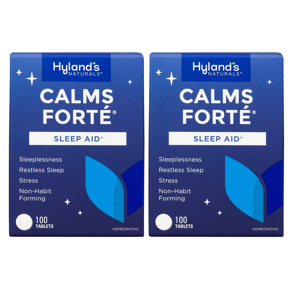 Hyland's Calms Forte bottle front shows natural sleep support and nervous tension relief.