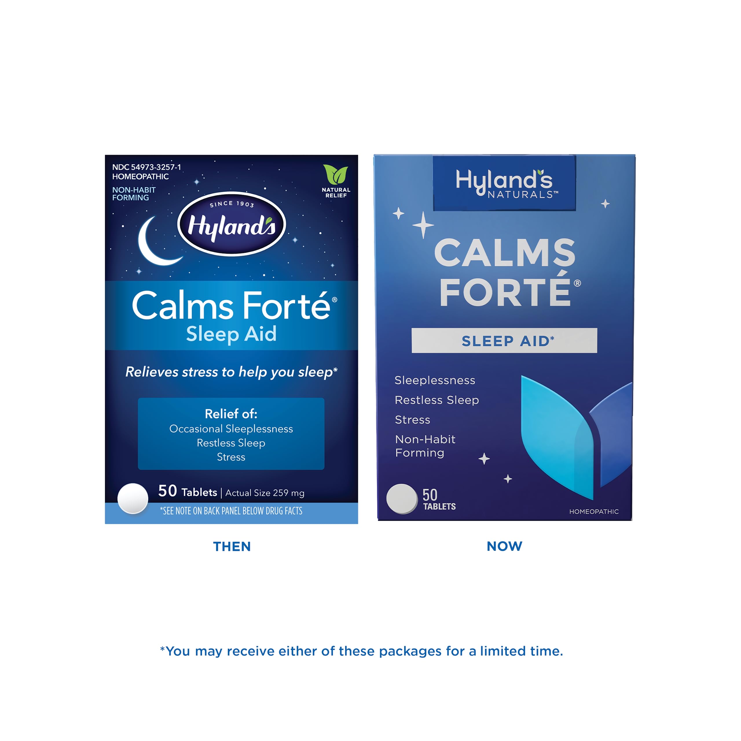 Hyland's Calms Forte tablets close-up highlighting easy-to-swallow relief