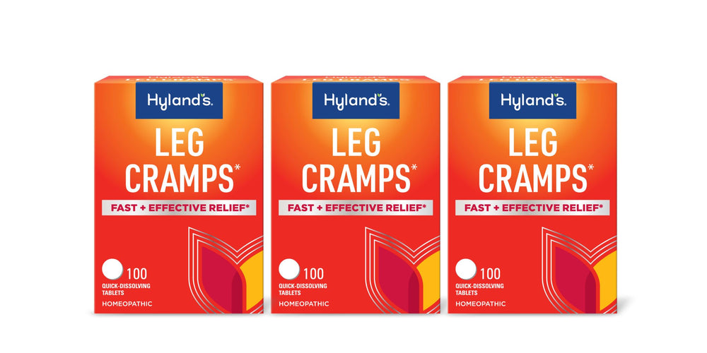 Hyland's Leg Cramps bottle label highlights quick relief for leg cramps.