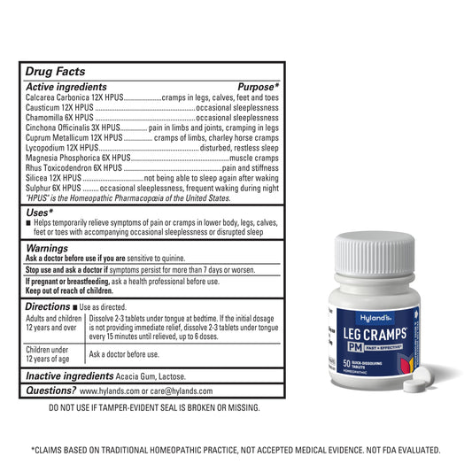 Hyland's Leg Cramps PM provides nighttime relief for leg, calf, and foot cramps.